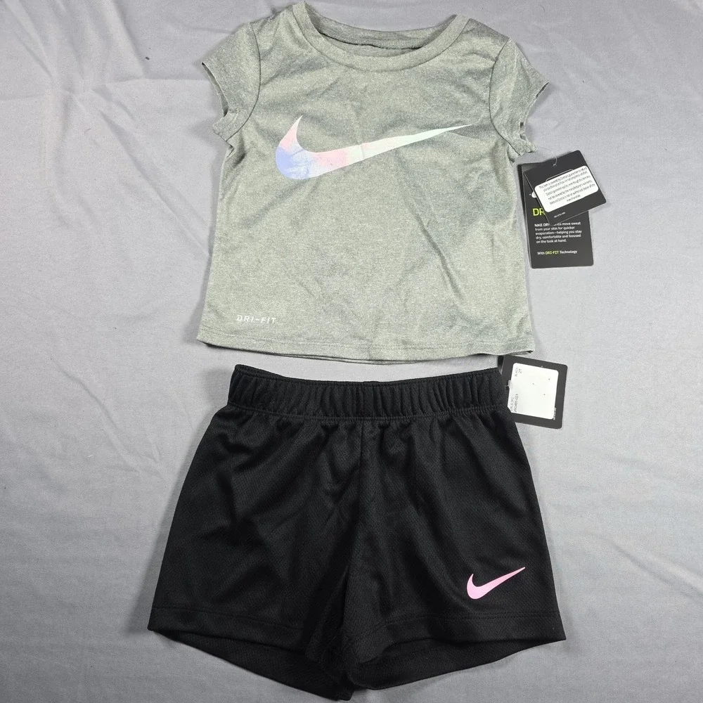 Nike Dri-Fit Little Girl's 2-Piece Graphic Tee & Short Set Gray Black 2T